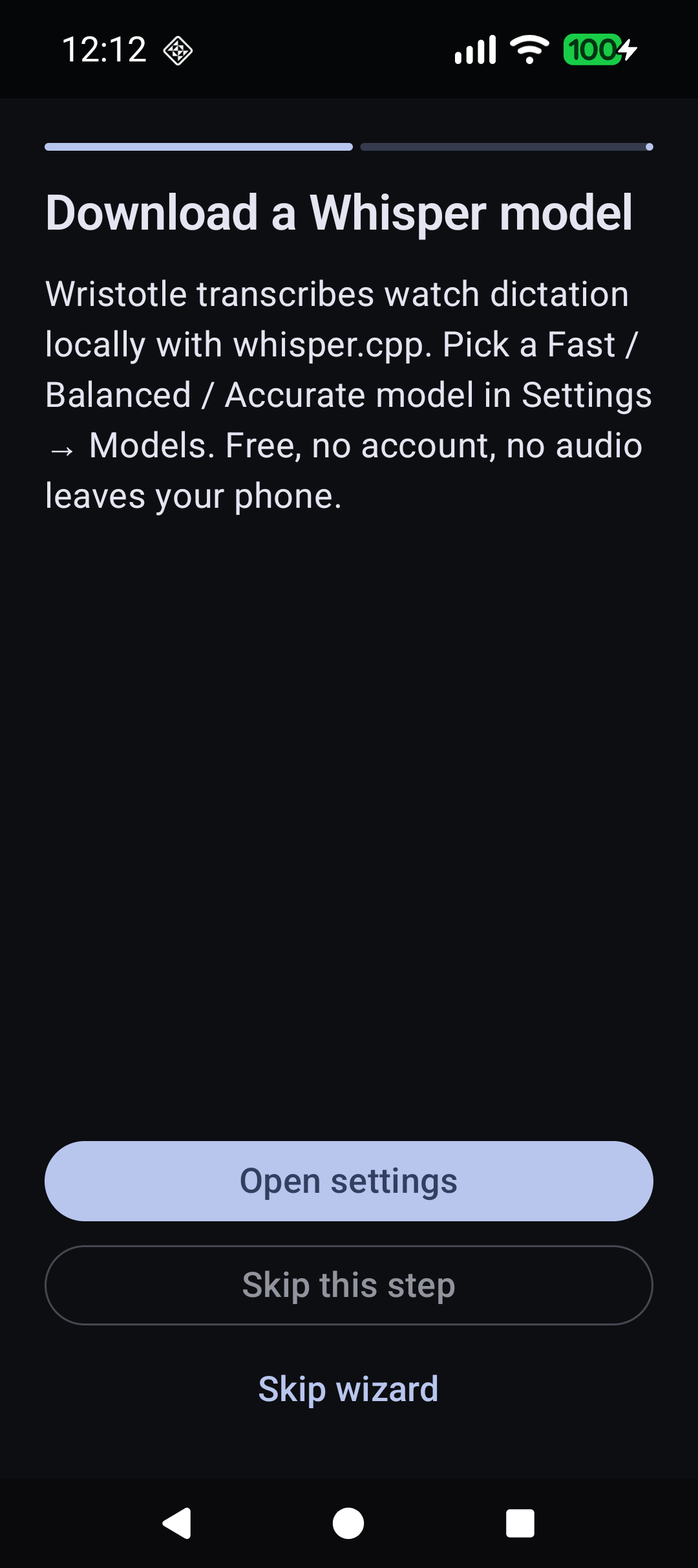Wizard "Download a Whisper model" step