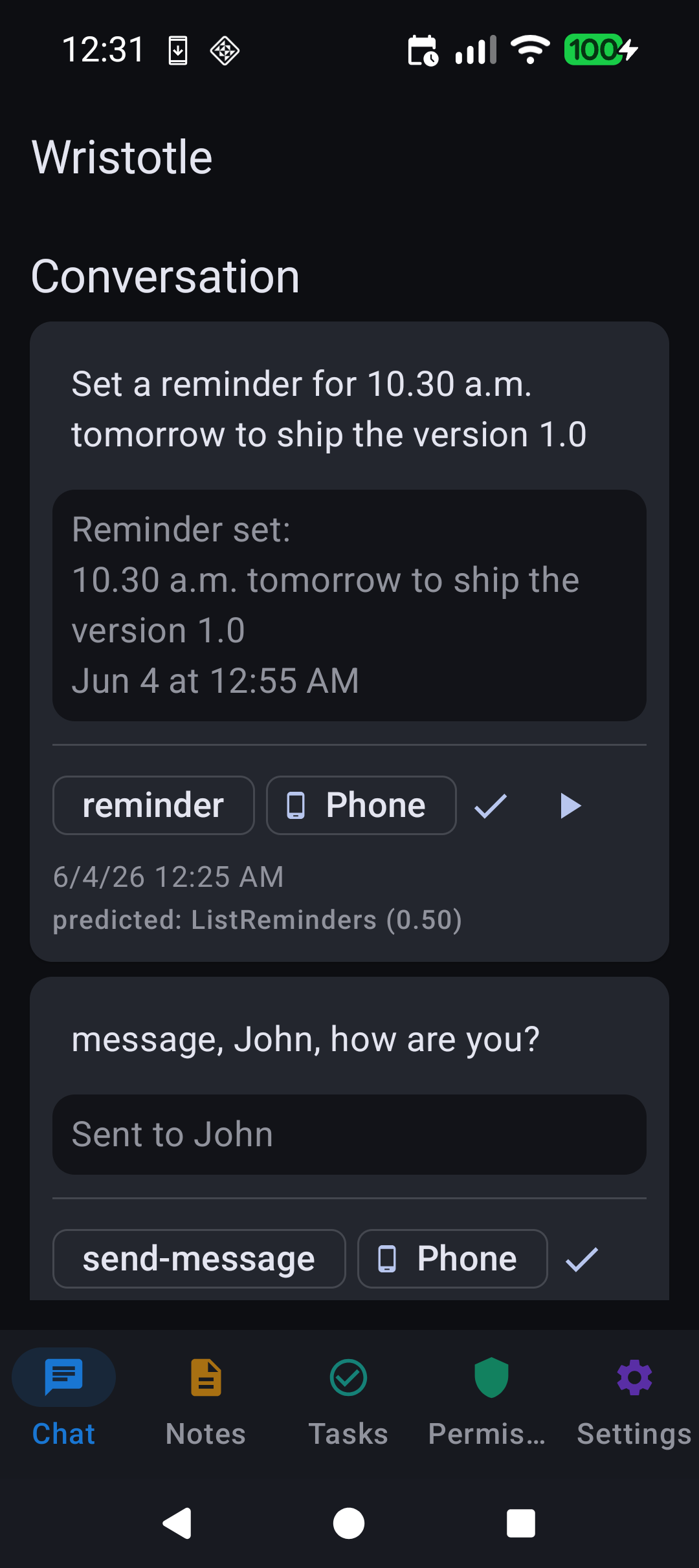 Conversation tab showing reminder + SMS round-trips