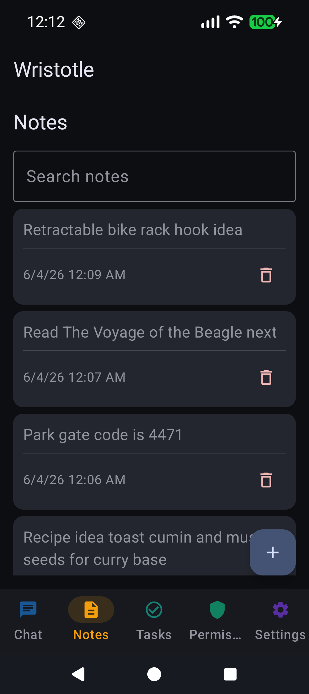 Notes tab with four realistic notes
