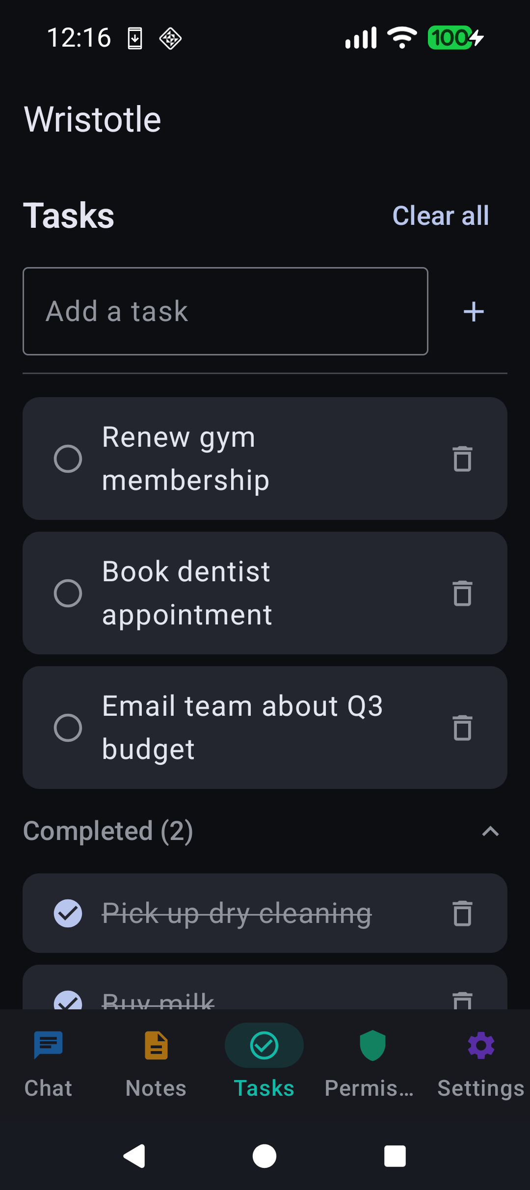 Tasks tab with pending + completed strikethrough