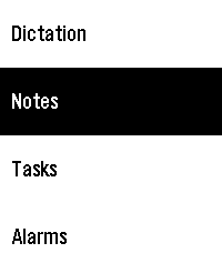 Quick-menu showing Dictation / Notes / Tasks / Alarms